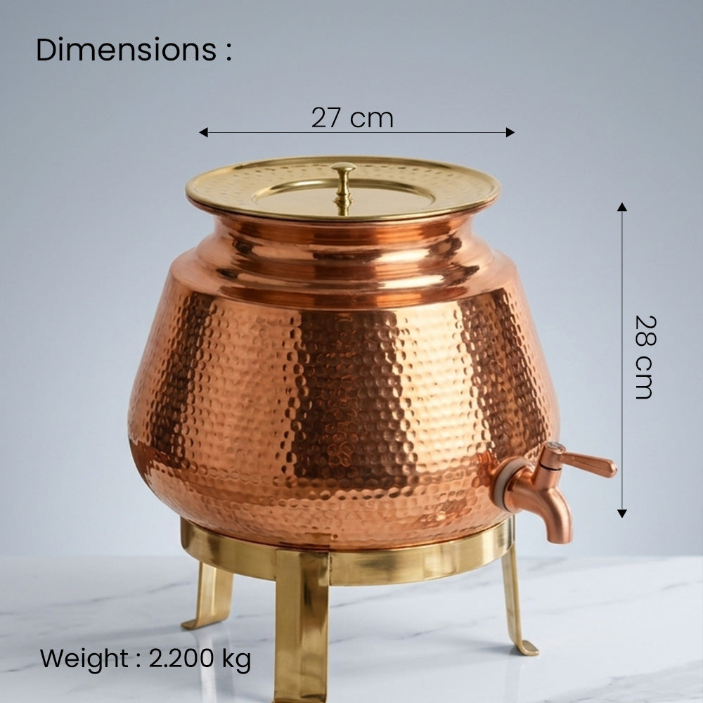 Pure Copper Water Dispenser (Jointless)  Matka Vessel Pot – 5 Litre with Stand