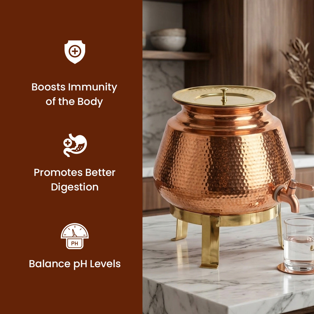 Pure Copper Water Dispenser (Jointless)  Matka Vessel Pot – 5 Litre with Stand