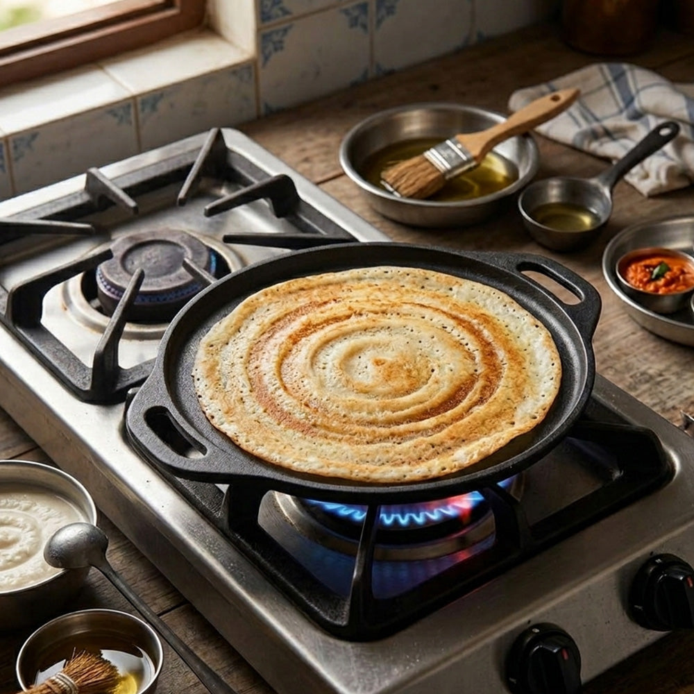 Pre-Seasoned Cast Iron Dosa Tawa (11 Inch) with Dual Handles