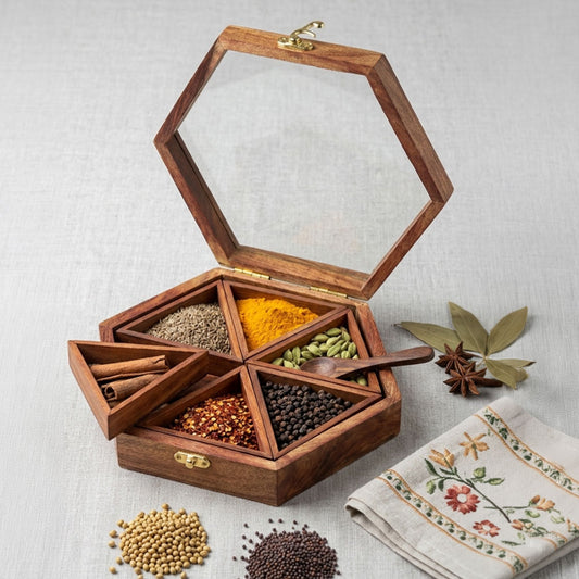 Sheesham Hexagonal Spice Box – 6 Detachable Containers with Spoon