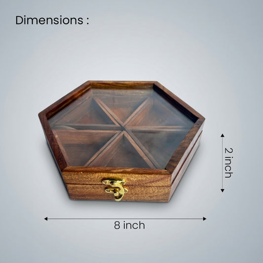 Sheesham Hexagonal Spice Box – 6 Detachable Containers with Spoon