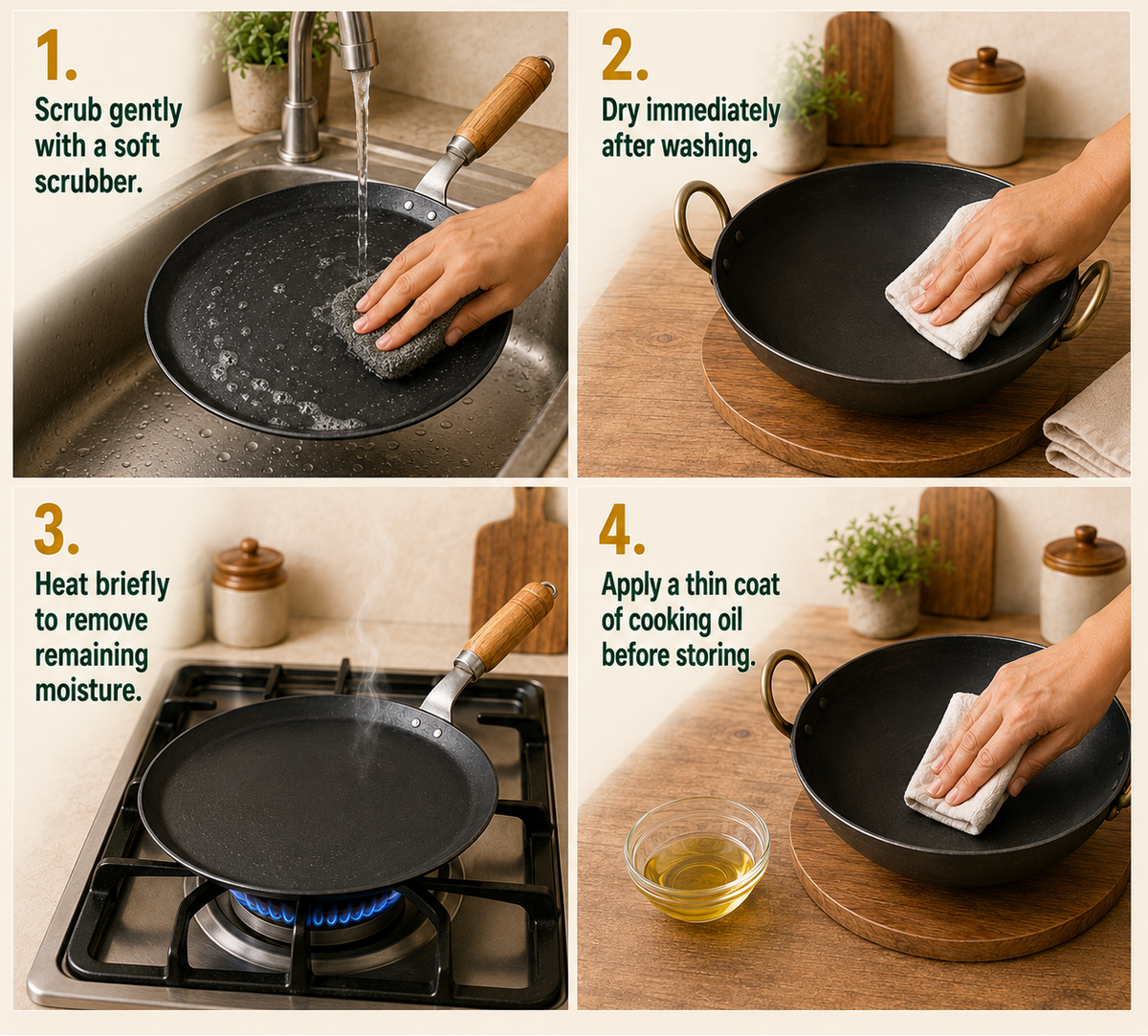Four-panel cleaning guide for Tawa and Kadai sheet iron cookware, showing a hand washing a pan in a sink, drying it with a cloth, heating it briefly on a stove to remove moisture, and applying a coat of cooking oil before storage. The image has a teal header reading 'CLEANING SHEET IRON COOKWARE' and 'TAWA / KADAI'.