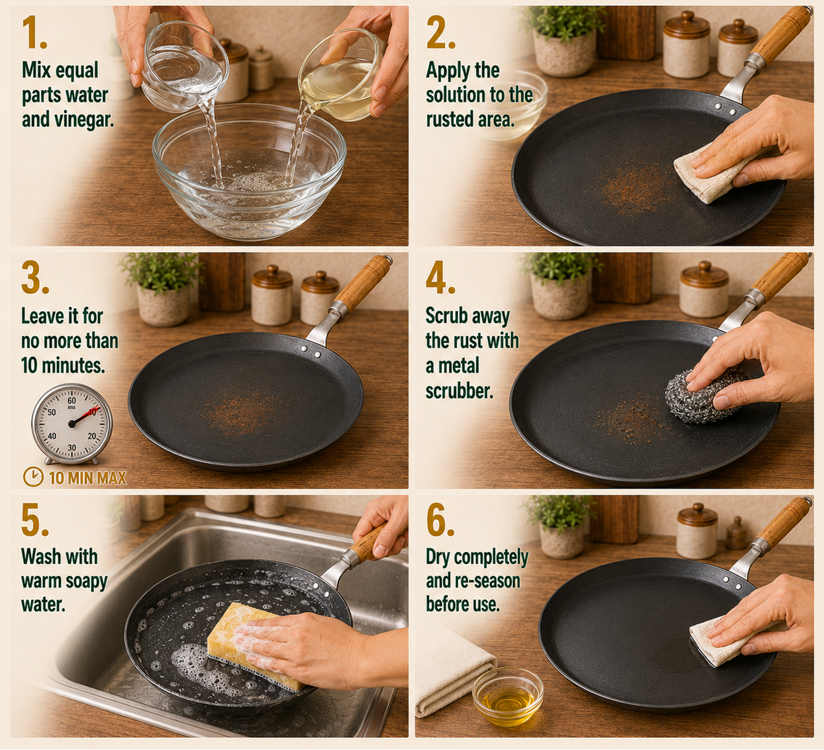 A six-step instructional graphic titled 'HOW TO RESTORE RUSTED SHEET IRON TAWA / KADAI' showing a person restoring a black frying pan with a rusted surface. The steps include mixing water and vinegar, applying the solution, leaving it for 10 minutes, scrubbing with a metal scrubber, washing with soapy water, and drying before re-seasoning.