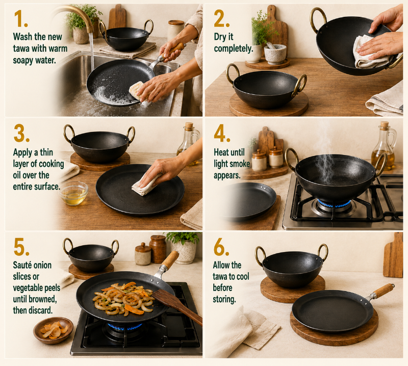 Instructional graphic titled 'HOW TO SEASON SHEET IRON COOKWARE TAWA / KADAI' showing six numbered steps with hands using a black sheet iron pan in a kitchen setting, including washing, drying, oiling, heating, sautéing, and cooling.