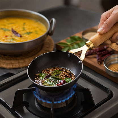 Pure Sheet Iron Tadka Pan with Wooden Handle