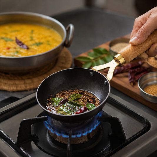 Pure Sheet Iron Tadka Pan with Wooden Handle