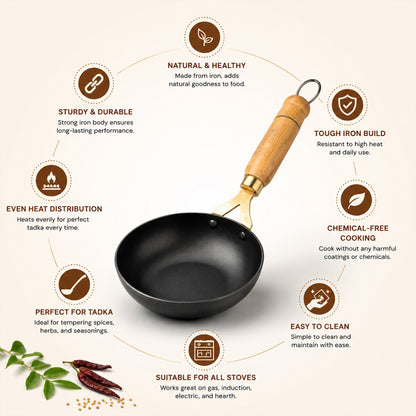 Pure Sheet Iron Tadka Pan with Wooden Handle