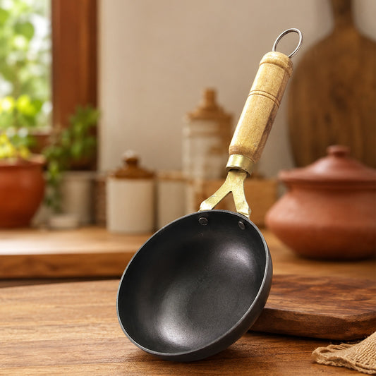 Pure Sheet Iron Tadka Pan with Wooden Handle