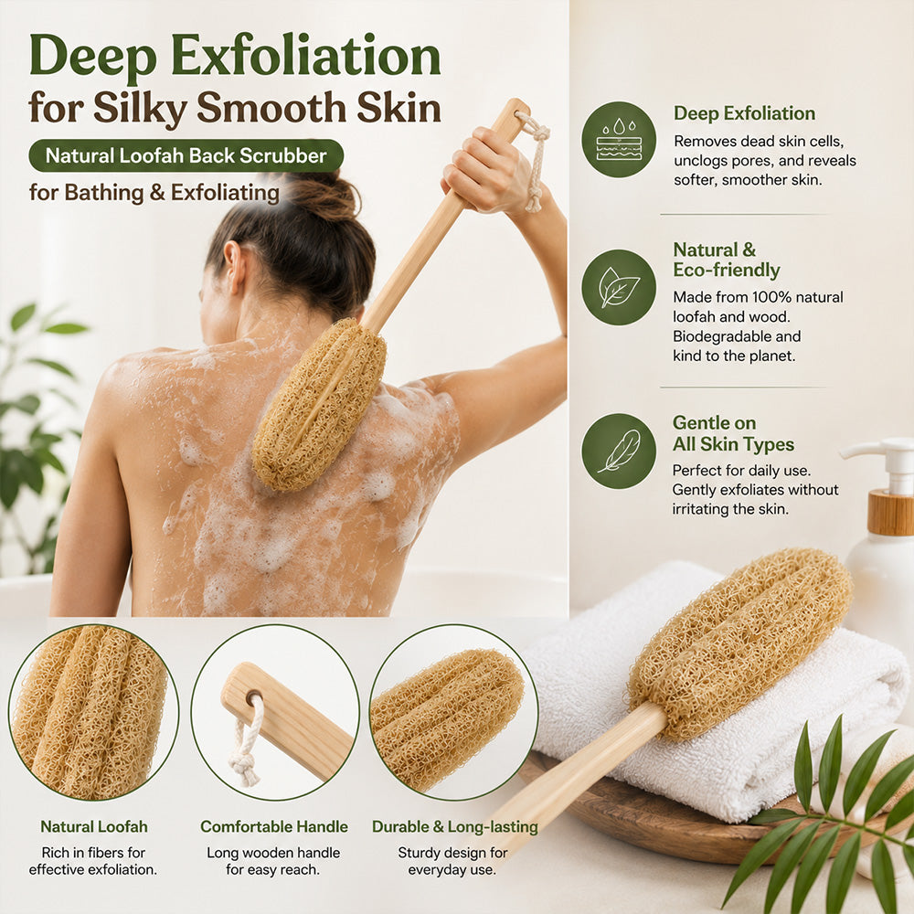 Natural Loofah Back Scrubber with 15-Inch Wooden Handle