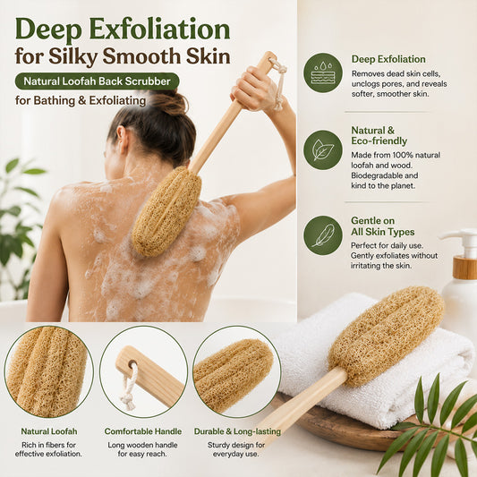 Natural Loofah Back Scrubber with 15-Inch Wooden Handle