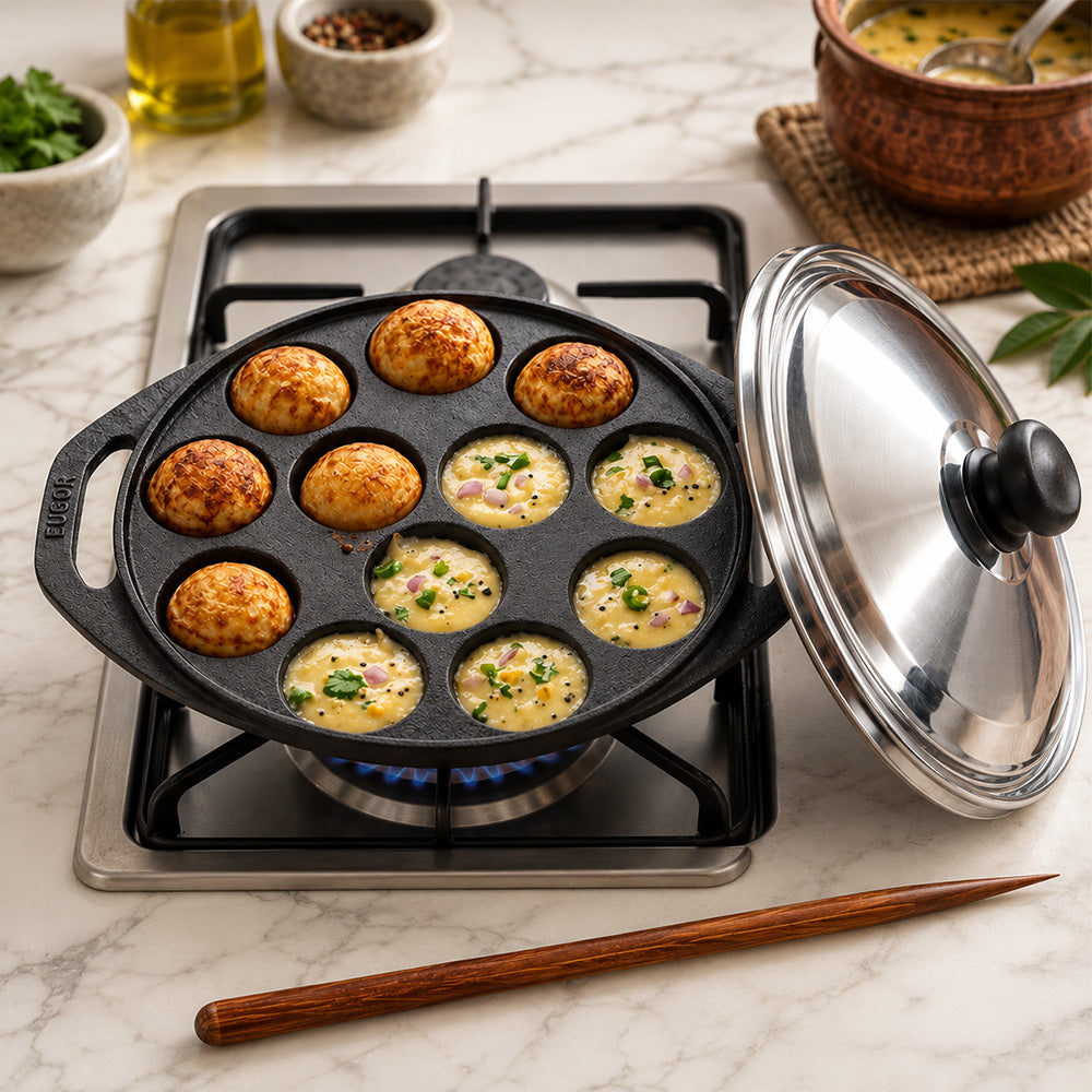 Cast Iron Paddu / Unniyappam / Paniyaram 12 Cavity Pan with Lid and Flipper Stick