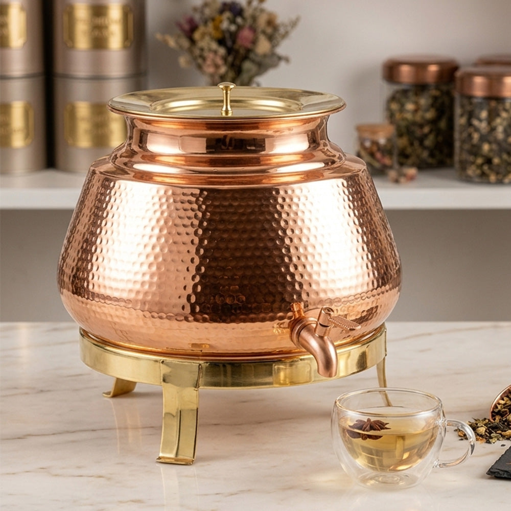 Pure Copper Water Dispenser (Jointless)  Matka Vessel Pot – 5 Litre with Stand