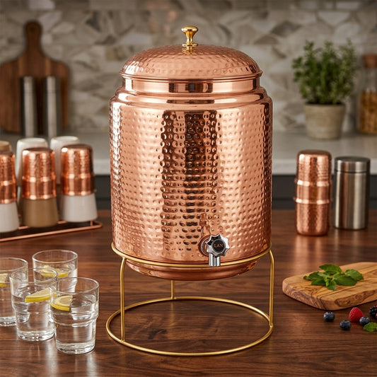 Pure Copper Water Dispenser (Jointless)  Matka Vessel Pot – 10 Litre with Stand