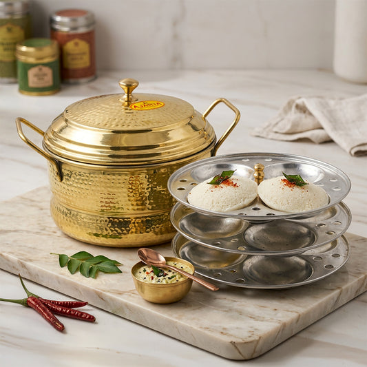 Pure Brass Traditional Idli Cooker Hammered Finish with Whistle Indicator & Brass Lid  (4 Plates | 16 Idlis | Kalai Coating)