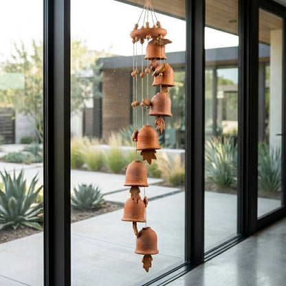 Terracotta Spiral wind chime of clay bells leaves and birds