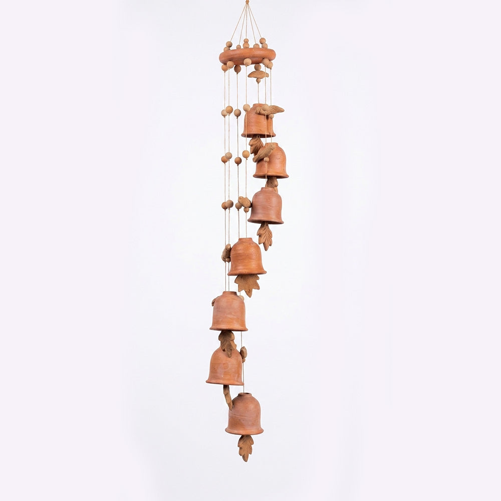 Terracotta Spiral wind chime of clay bells leaves and birds