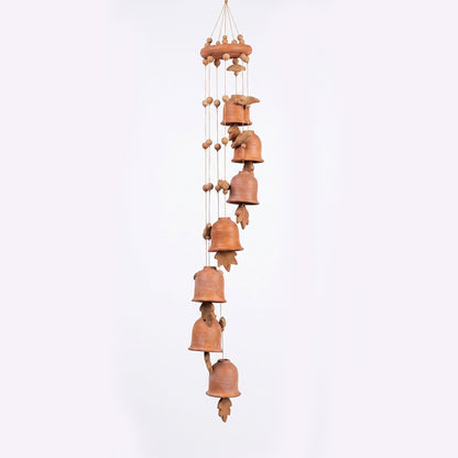 Terracotta Spiral wind chime of clay bells leaves and birds