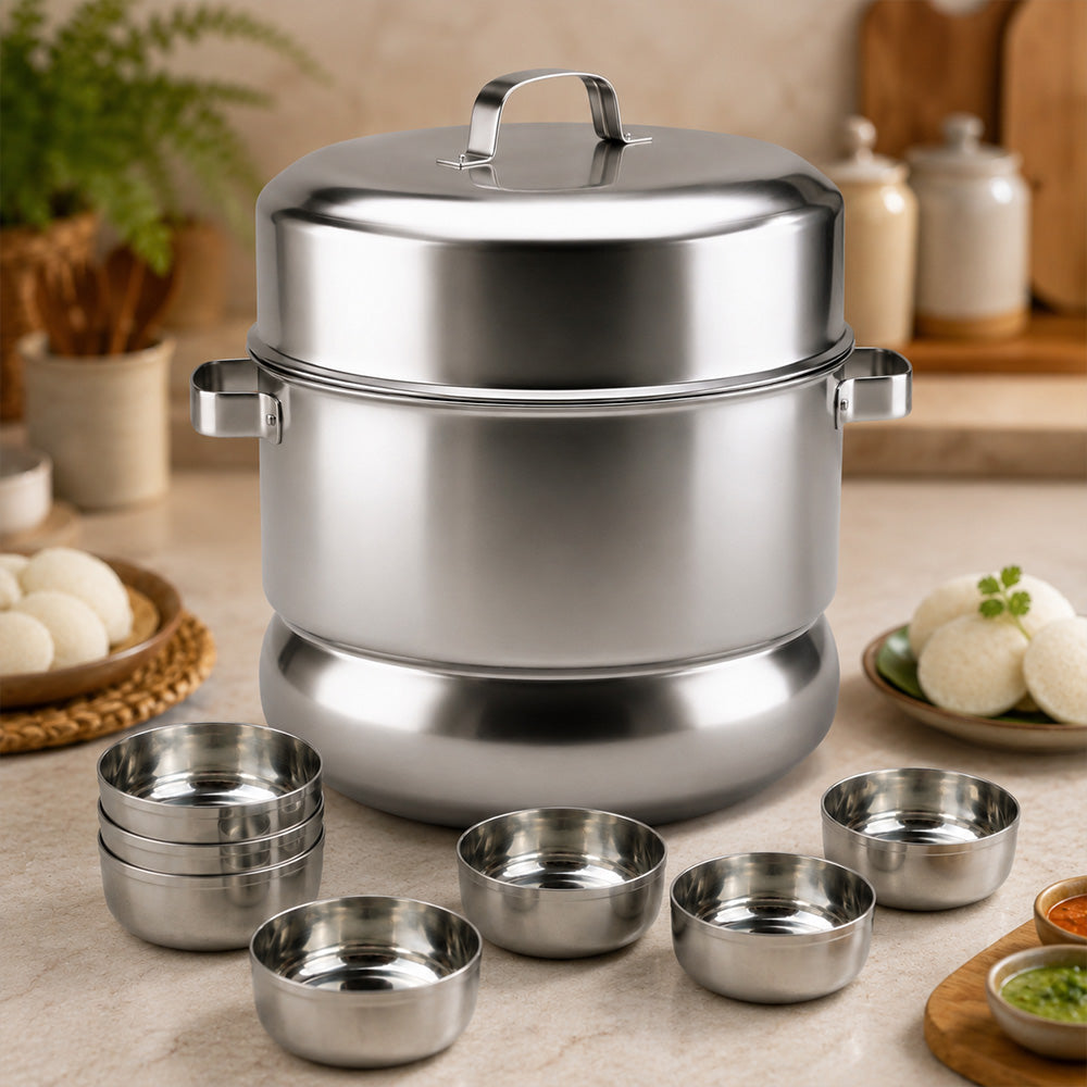 Traditional Idli / Pundi Cooker (Thondur) – Stainless Steel | 25 Cups Capacity (With Cups)