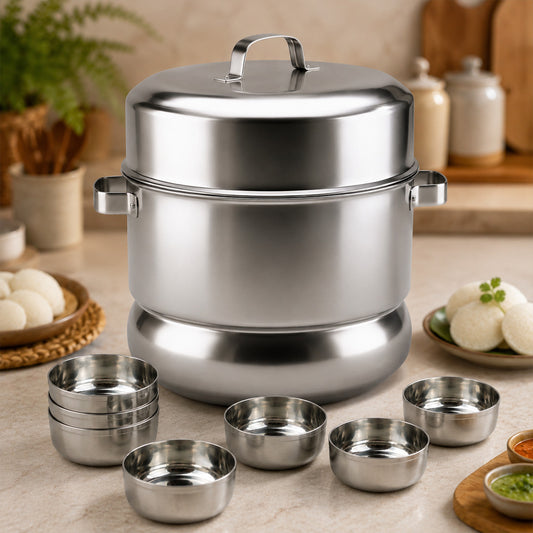 Traditional Idli / Pundi Cooker (Thondur) – Stainless Steel | 25 Cups Capacity (With Cups)