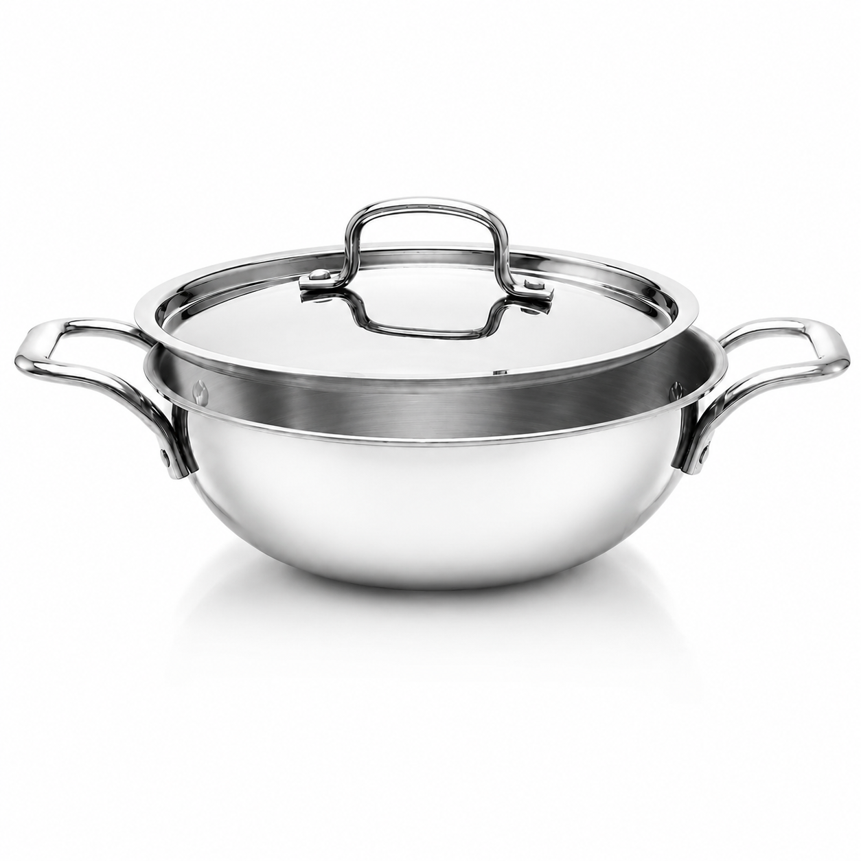 Tri-ply stainless steel kadai with matching lid on a white background