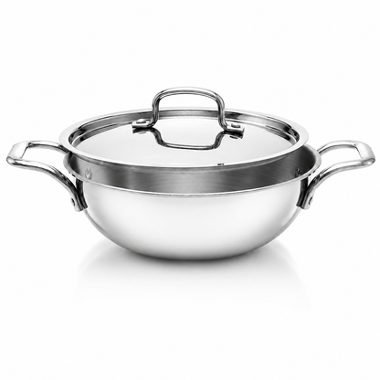 Tri-ply stainless steel kadai with matching lid on a white background