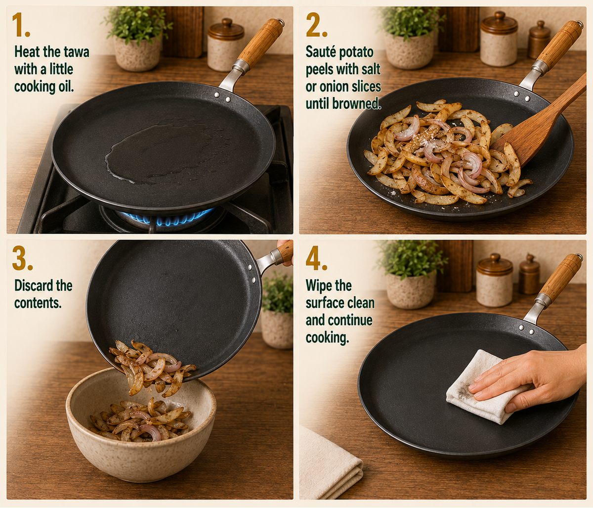 Four-panel instructional graphic explaining how to reduce black residue buildup on a tawa/kadai pan. The panels show cooking oil in the pan, sautéing food in the pan, pouring the food into a bowl, and wiping the pan clean with a cloth.