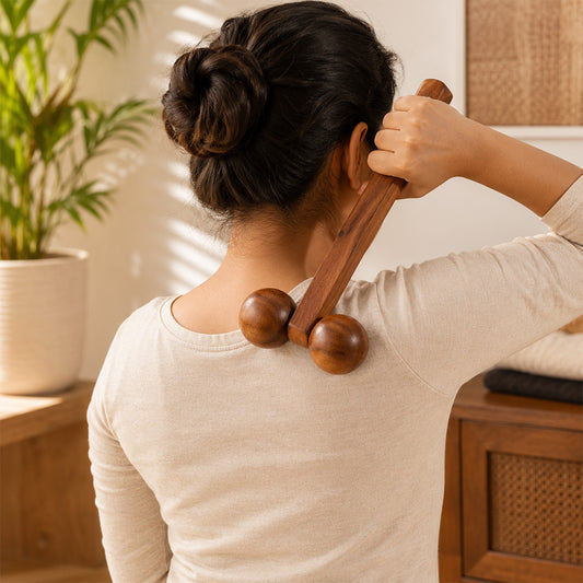 Wooden Body Massager with 2 Ball Roller & Long Handle