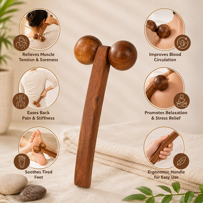 Wooden Body Massager with 2 Ball Roller & Long Handle