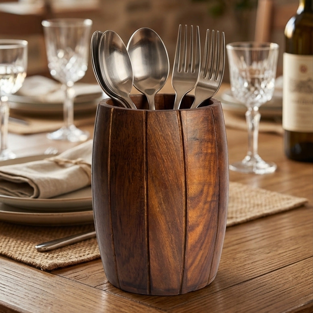 Wooden Barrel Shaped Cutlery Holder / Spoon Holder / Pen Holder