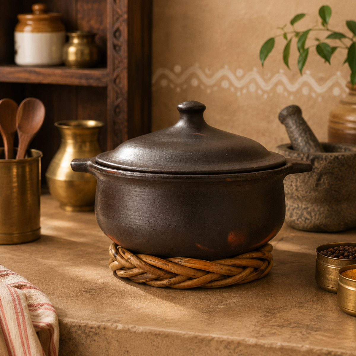 A dark brown clay lidded pot resting on a woven straw coaster on a stone countertop, surrounded by rustic kitchen items including brass utensils, a mortar and pestle, and spice containers.