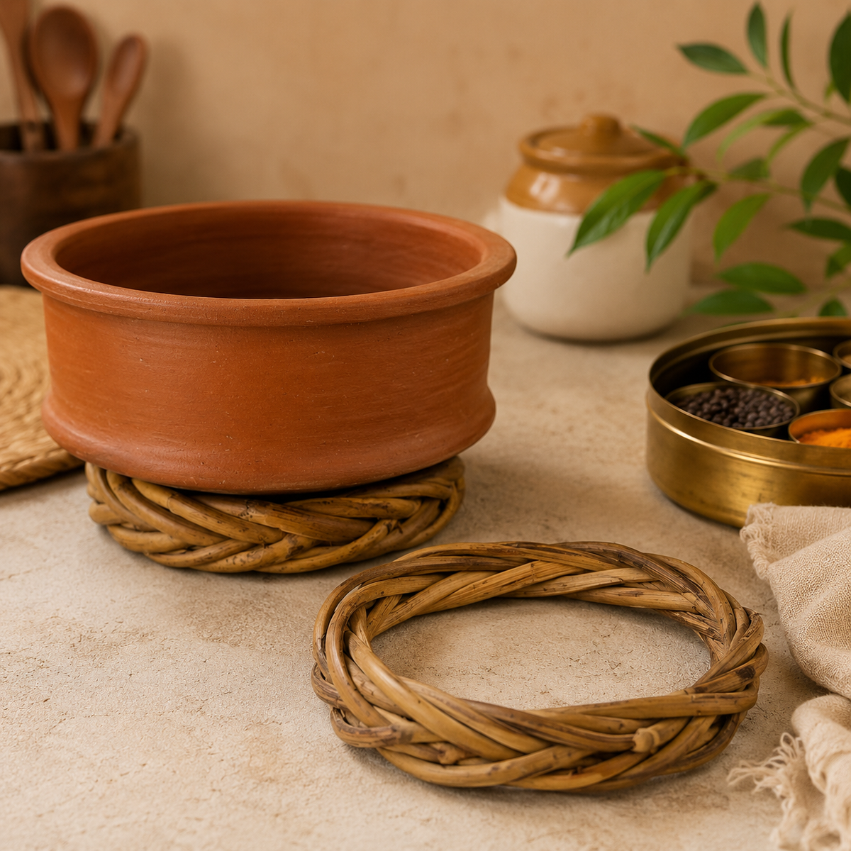A terracotta clay bowl with a flared rim sits on a braided woven base, with a matching braided ring-like coaster or stand in front. The scene is styled with warm neutral props, including a ceramic jar, wooden spoons, and a brass spice container on a beige surface.