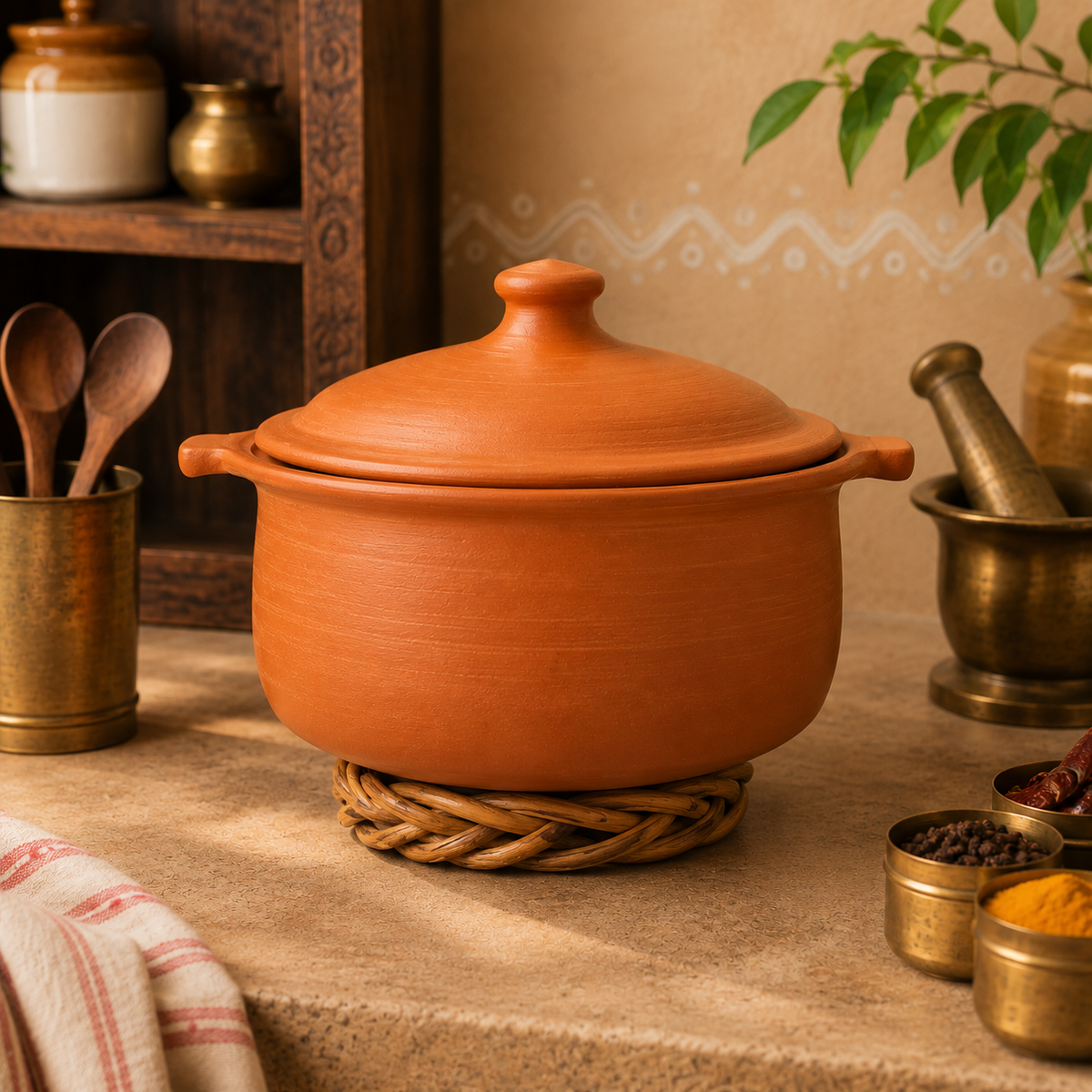 An orange-brown terracotta clay pot with a matching lid, resting on a woven wicker trivet on a stone countertop in a rustic kitchen setting.