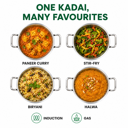 Promotional graphic for a multi-cooker showing four different Indian dishes cooked in stainless steel kadhai pots: Paneer Curry, Stir-Fry, Biryani, and Halwa. The text at the top reads 'ONE KADAI, MANY FAVOURITES' and the bottom includes icons for induction and gas cooking.