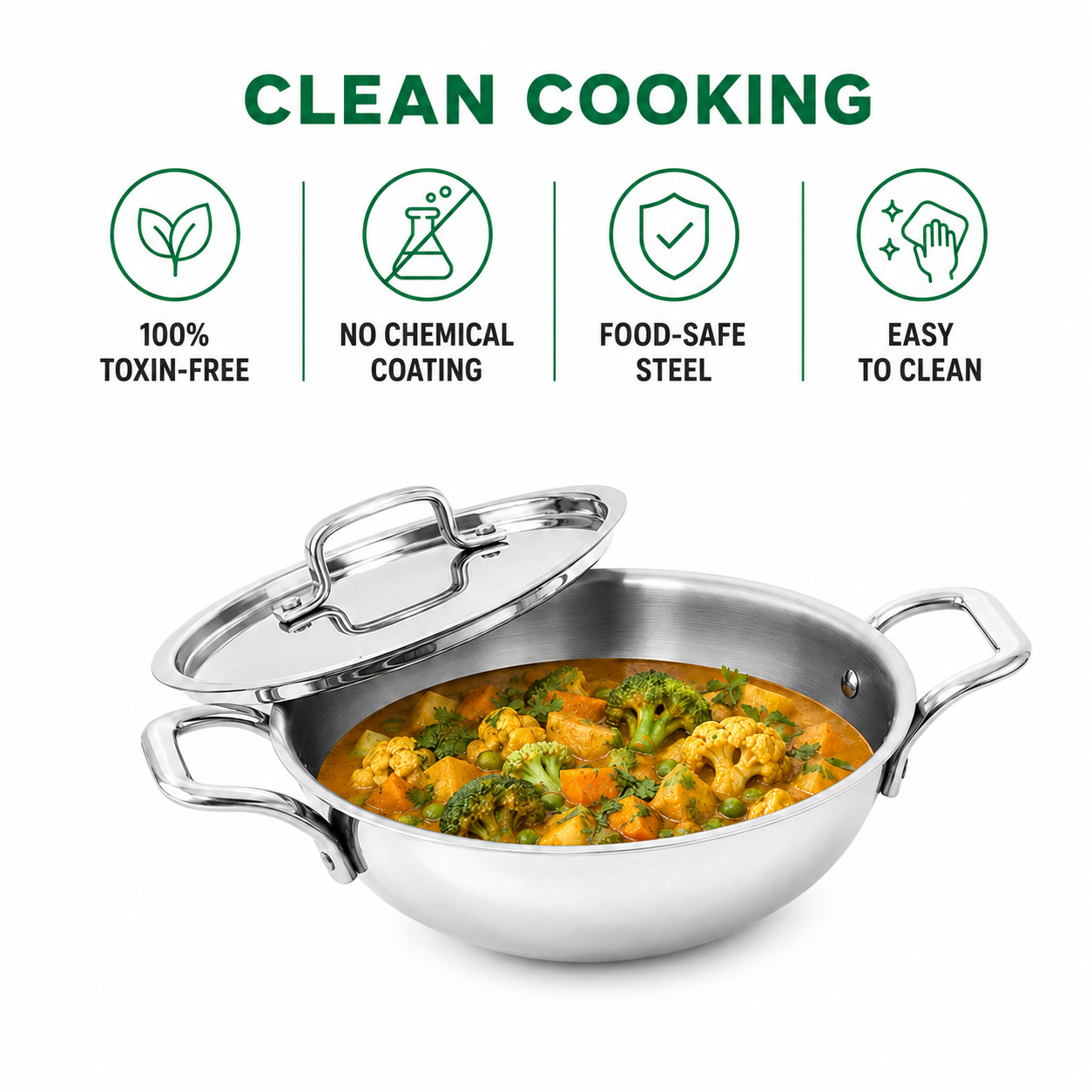 A stainless steel kadhai with a steel lid, filled with a curry dish, shown on a white background with marketing text and icons above it. The text reads 'CLEAN COOKING' and lists benefits: '100% TOXIN-FREE', 'NO CHEMICAL COATING', 'FOOD-SAFE STEEL', and 'EASY TO CLEAN'.