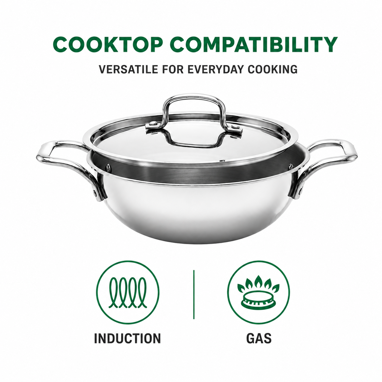 A stainless steel wok with a Steel lid is shown on a white background with text reading 'COOKTOP COMPATIBILITY' and icons indicating compatibility with induction and gas cooktops.