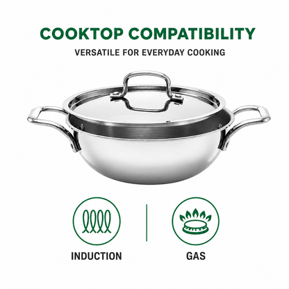 A stainless steel wok with a Steel lid is shown on a white background with text reading 'COOKTOP COMPATIBILITY' and icons indicating compatibility with induction and gas cooktops.