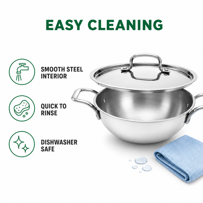 A stainless steel pot with a matching lid is shown on a white background with marketing text reading 'EASY CLEANING' and icons for smooth steel interior, quick to rinse, and dishwasher safe. A folded blue cloth is also visible at the lower right.