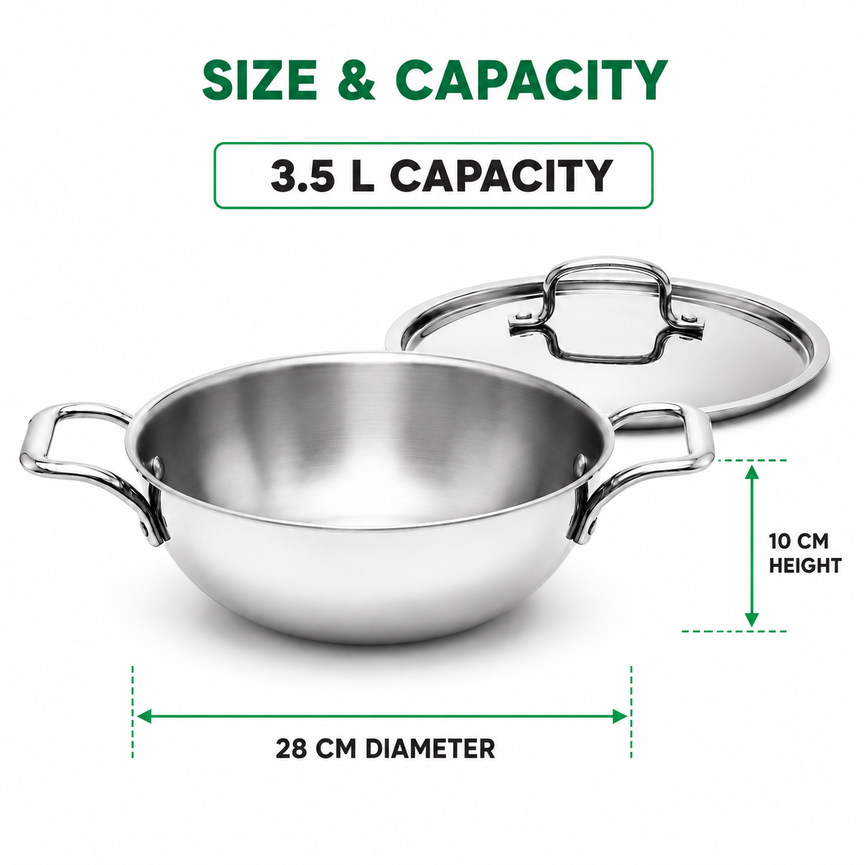 3.5L stainless steel kadai measuring 28cm in diameter and 10cm in height