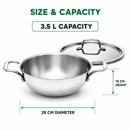 3.5L stainless steel kadai measuring 28cm in diameter and 10cm in height