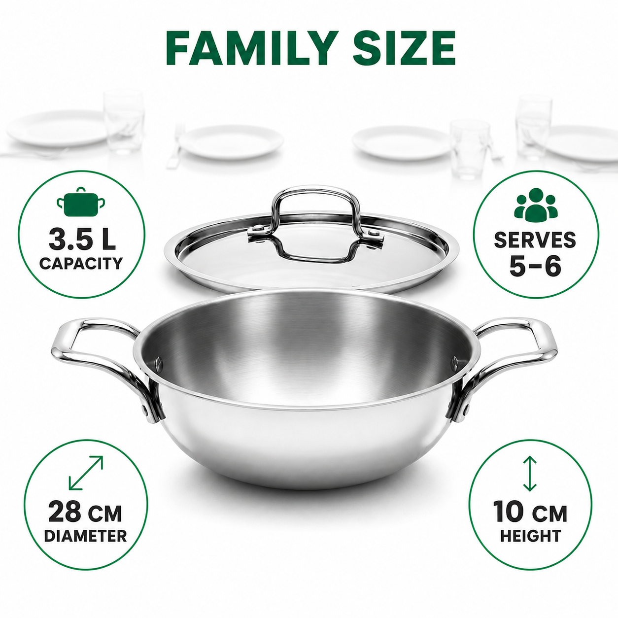 Stainless steel family-size wok with lid on a white background, surrounded by size and capacity callout graphics including '3.5 L CAPACITY', 'SERVES 5-6', '28 CM DIAMETER', and '10 CM HEIGHT'.
