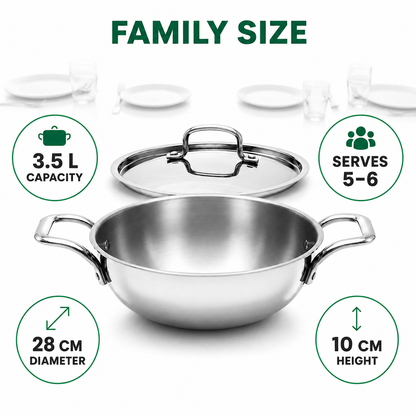 Stainless steel family-size wok with lid on a white background, surrounded by size and capacity callout graphics including '3.5 L CAPACITY', 'SERVES 5-6', '28 CM DIAMETER', and '10 CM HEIGHT'.