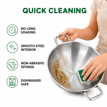 A stainless steel wok being cleaned with a green sponge by a person whose hands and torso are partially visible. The image includes marketing text reading 'QUICK CLEANING' and feature icons for no long soaking, smooth steel interior, non-abrasive sponge, and dishwasher safe.