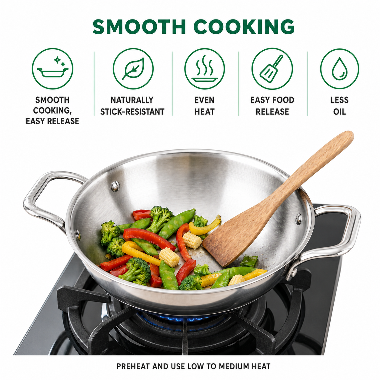 A stainless steel wok on a gas stove with vegetables cooking inside and a wooden spoon, under the heading 'SMOOTH COOKING' with feature icons and text.